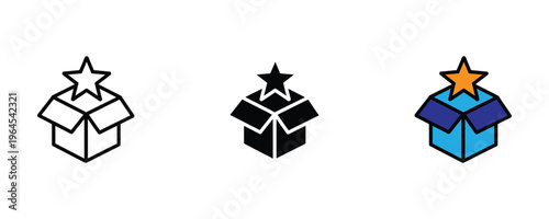 Open cardboard box with star for surprise gift, bonus reward and product unboxing icon set. Special offer and prize delivery symbol. Vector Illustration.