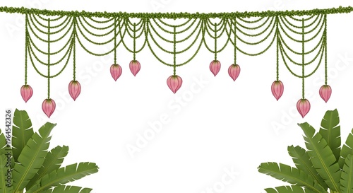 Pink heart-shaped balloons hang from green vines with lush foliage