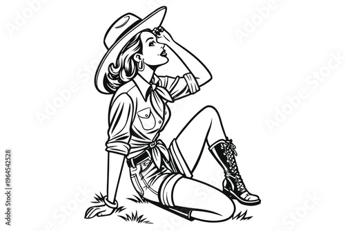 Vintage Pin Up Cowgirl.
confident western cowgirl, tipping her hat with a smile sketch engraving fictional character illustration. Scratch board imitation.
Black and White Engraving Style Western Illu