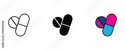 Medical pills and antibiotic capsules for healthcare treatment, pharmacy medicine and drug prescription icon set. Vitamin supplement and painkiller symbol. Vector Illustration.