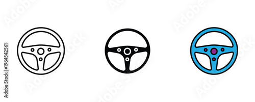Car steering wheel for vehicle driving control, automotive transport and power steering system icon set. Driving school and racing simulator symbol. Vector Illustration.