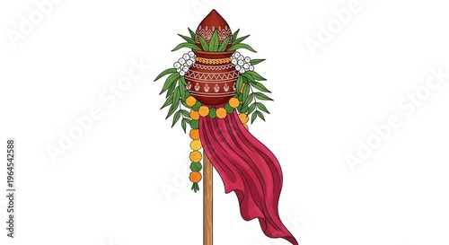 The elaborately decorated pot sits atop a colorful pole adorned with flowers and fabric.