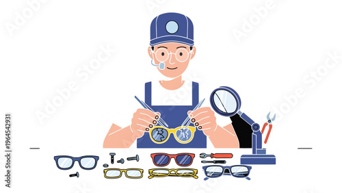 Precision in Vision: A skilled optician meticulously repairs eyewear, his focused gaze and expert tools reflecting the art of precision and the pursuit of perfect vision.