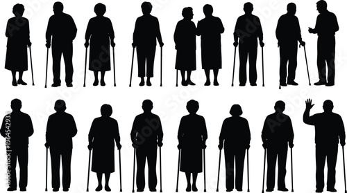 Set of black silhouettes featuring elderly people and senior citizens walking with canes and standing in various poses isolated on white background for healthcare concepts