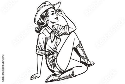 Vintage Pin Up Cowgirl.
confident western cowgirl, tipping her hat with a smile sketch engraving fictional character illustration. Scratch board imitation.
Black and White Engraving Style Western Illu