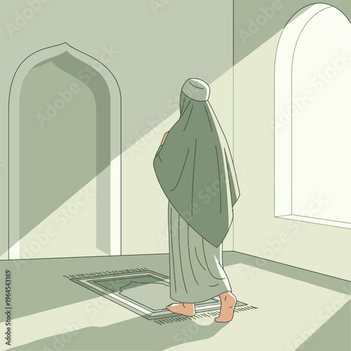 Muslim woman praying in a mosque wearing hijab.
