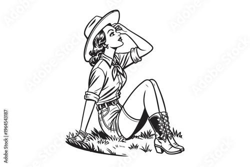 Vintage Pin Up Cowgirl.
confident western cowgirl, tipping her hat with a smile sketch engraving fictional character illustration. Scratch board imitation.
Black and White Engraving Style Western Illu