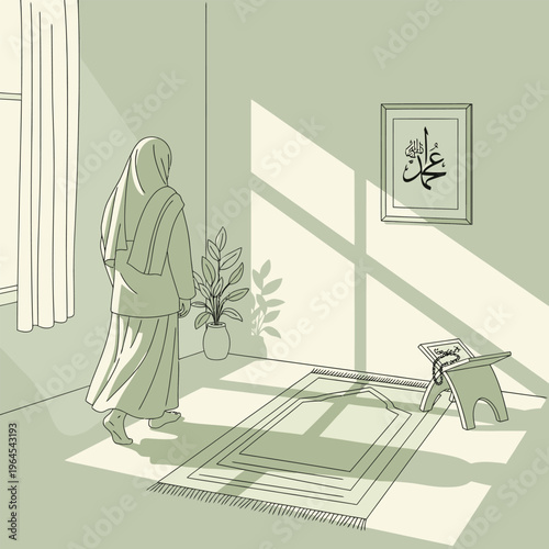 Muslim woman praying in a serene room.