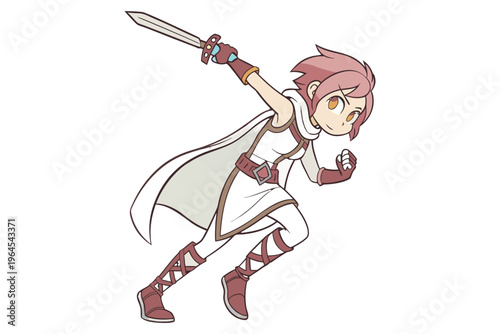 Cute original character design of fantasy female girl warrior, 
 Swordswoman magic fencer knight named Lenaria in Japanese manga. Vector illustration style with isolated white background