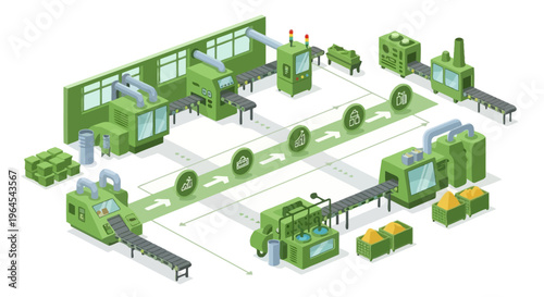 Isometric Factory Automation & Manufacturing Production Process. Industrial Conveyor Belt System with Workflow Icons, Supply Chain & Smart Industry.