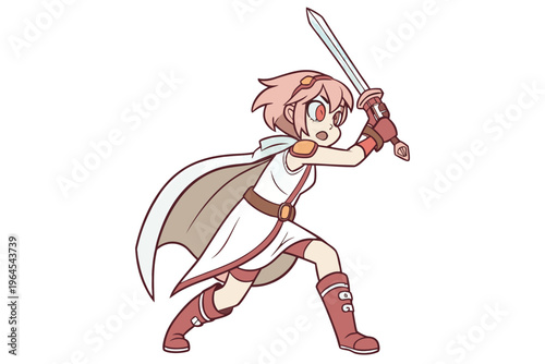 Cute original character design of fantasy female girl warrior, 
 Swordswoman magic fencer knight named Lenaria in Japanese manga. Vector illustration style with isolated white background
