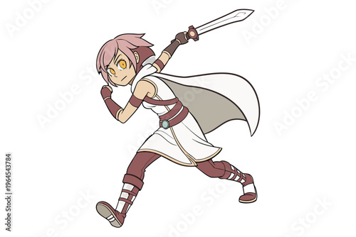 Cute original character design of fantasy female girl warrior, 
 Swordswoman magic fencer knight named Lenaria in Japanese manga. Vector illustration style with isolated white background