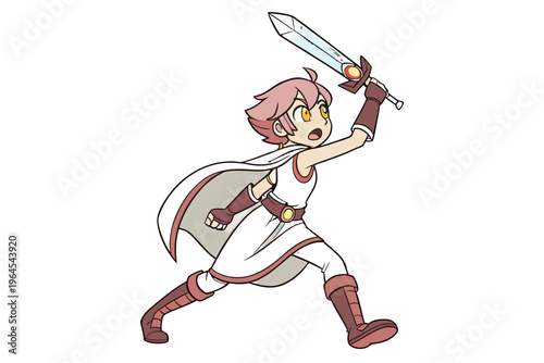 Cute original character design of fantasy female girl warrior, 
 Swordswoman magic fencer knight named Lenaria in Japanese manga. Vector illustration style with isolated white background