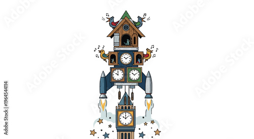 A whimsical illustration of a clock tower rocket with birds and clocks
