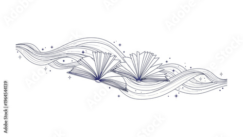Literary Cascade: An artistic composition showcases the flow of knowledge and imagination through the graceful depiction of open books entwined with flowing lines and sparkling stars.