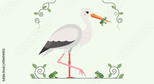 Illustration of a stork with a frog in its beak and two frogs below. Vines adorn the background