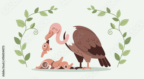 Illustration depicts a cartoon vulture with a pink head feeding on small, animal shapes