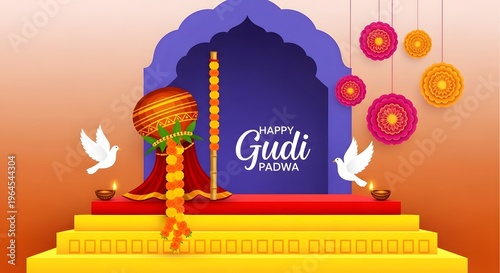 Vibrant Festival Illustration of Gudi Padwa Decorations and Celebrations