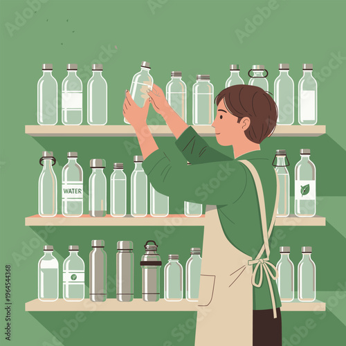 Person arranging bottles on shelves eco friendly concept.
