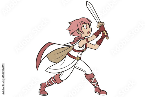 Cute original character design of fantasy female girl warrior, 
 Swordswoman magic fencer knight named Lenaria in Japanese manga. Vector illustration style with isolated white background