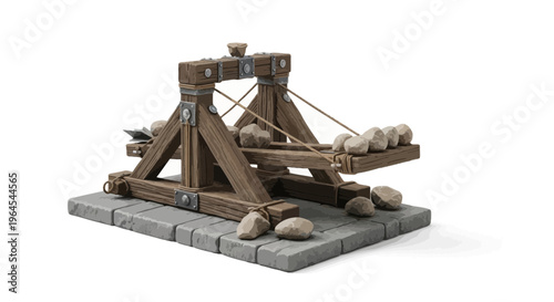 A wooden siege engine, a catapult, sits on a stone base, loaded with rocks, ready to launch