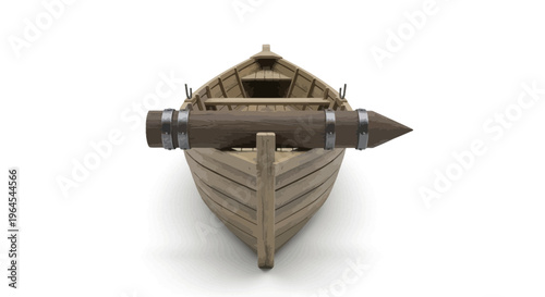 Wooden boat with a spear-like structure attached, isolated against a white background