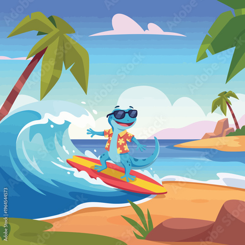A quirky blue lizard wearing sunglasses and a Hawaiian shirt is surfing a wave, bringing together fun, summer vibes, and playful beach culture in a vibrant seascape.