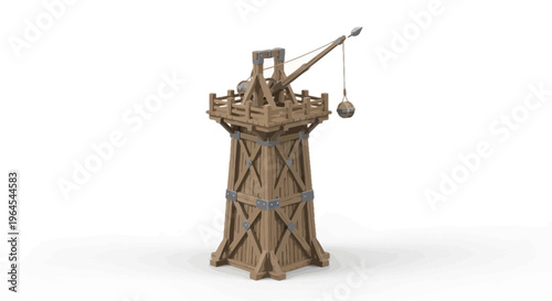 A detailed 3D rendering of a wooden medieval siege tower with a functional trebuchet