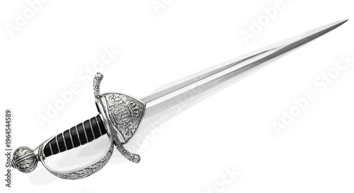 A detailed, isolated image of a rapier with intricate metalwork and a black grip