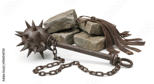 A rusty, spiked mace with chain and rocks, with a leather strap on white background