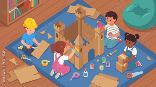 Fotografi A group of children joyfully working together to create a cardboard castle, representing creativity, collaboration, and the joy of play through imaginative crafting