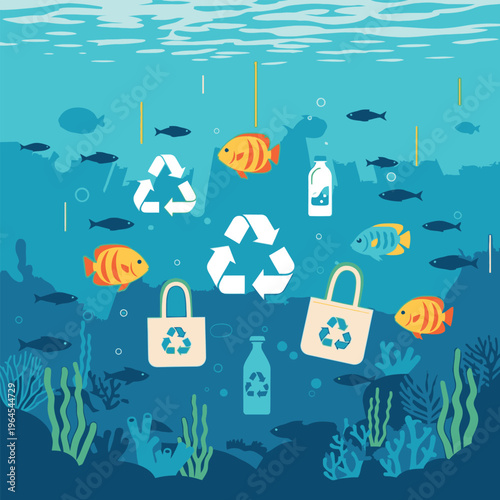 Recycling Symbols and Shopping Bags Underwater with Fish.