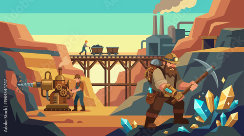 An illustrative depiction of workers engaged in mining activities, highlighting labor and resource extraction in a detailed mining landscape filled with crystals.