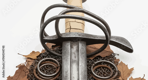 A detailed image of a sword hilt, chainmail, and fallen leaves on a white surface