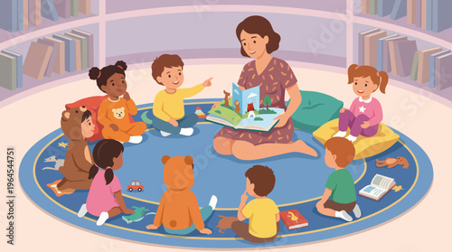 This vibrant illustration captures a storytelling session with children attentively listening, illustrating the joy of reading and the importance of education in early childhood.