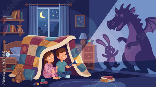Two children create an imaginative adventure under a blanket fort, with playful shadows on the wall depicting a dragon, fostering creativity and joy during bedtime storytelling.