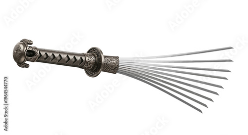 A decorative silver weapon with a detailed handle that fans into multiple blades