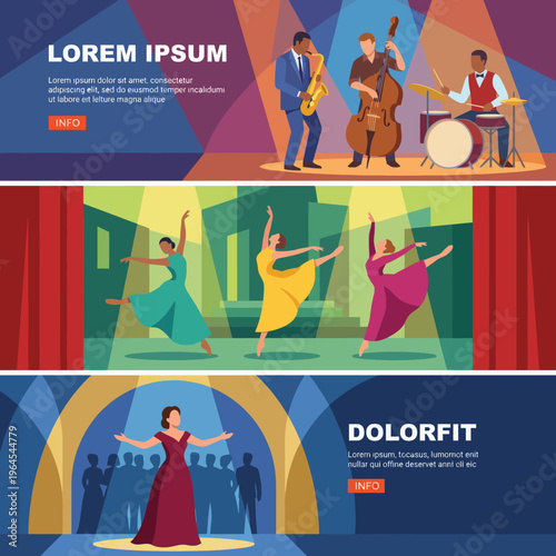 A vibrant performance scene showcasing musicians playing instruments and dancers in colorful outfits, symbolizing creativity, expression, and the magic of live entertainment.