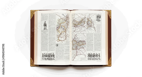 A vintage, open book displays detailed maps, illustrations, and text against a white background