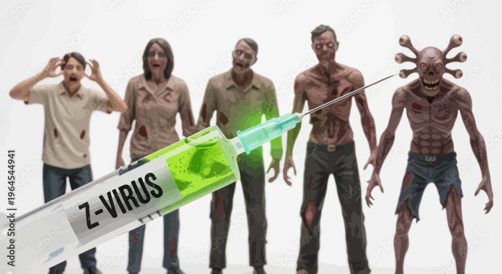 Plakát Zombie figures lined up with a syringe labeled 