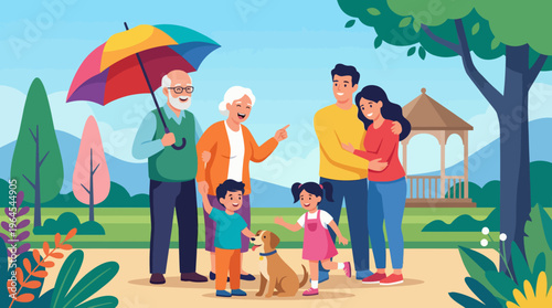 A cheerful family enjoys quality time at the park, surrounded by vibrant nature, as they share smiles, laughter, and special moments with their dog and loved ones.