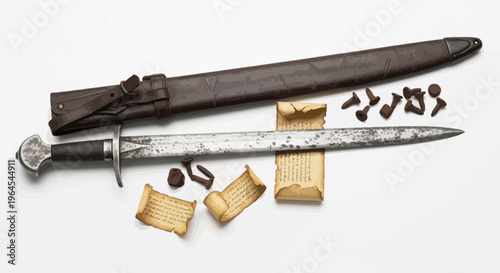 A detailed image of a sword with sheath, nails, and scrolls on white