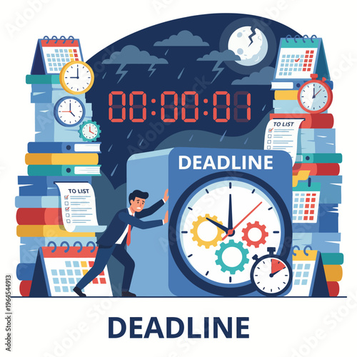 A man pushes against a large clock and deadline, surrounded by chaotic stacks of deadlines, illustrations of lists, clocks, and a looming moon signaling urgency.