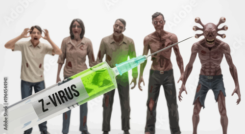 Zombie figures lined up with a syringe labeled "Z-VIRUS" injecting the last one