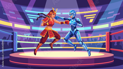 A visually striking illustration of an epic battle between a warrior and a robot in a futuristic arena, symbolizing the clash of tradition and technology in a vibrant setting.