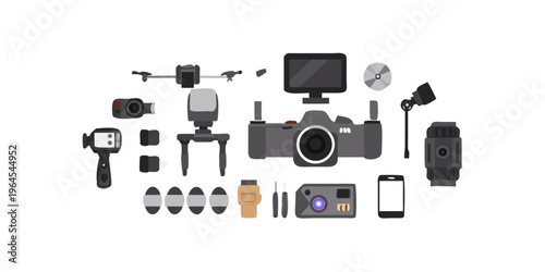 Varna, Bulgaria 13 March 2023, Videography, photography, sound equipment - top down view of professional drone, dslr camera, lenses, filters, microphone, lighting, cards on white background