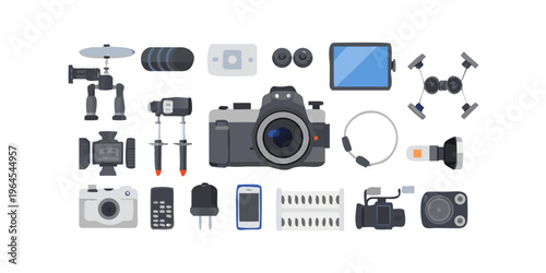 Varna, Bulgaria 13 March 2023, Videography, photography, sound equipment - top down view of professional drone, dslr camera, lenses, filters, microphone, lighting, cards on white background