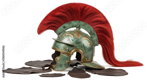 A worn, green and gold helmet with a red plume rests on dark stones, against a white background