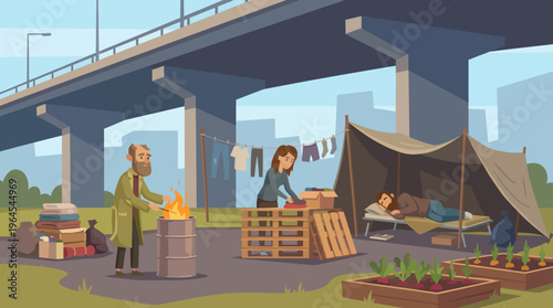 A poignant portrayal of urban homelessness, showing individuals creating a sense of community under a bridge, emphasizing resilience, resourcefulness, and everyday struggles.