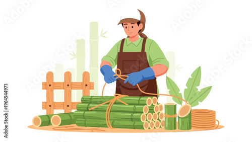 Crafting with Bamboo: An artisan skillfully ties bamboo, crafting a beautiful and sustainable structure. An eco-friendly image representing harmony of craftsmanship and environmental responsibility.